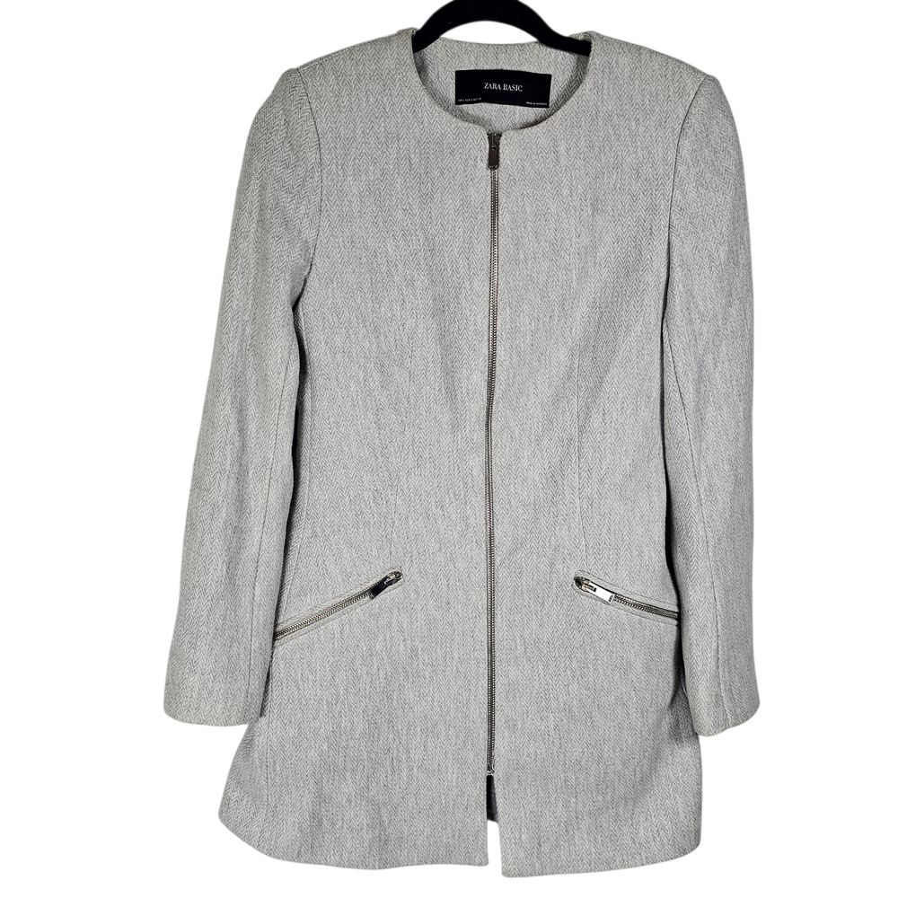 Zara Basic Sgray Coat Herringbone Jacket Zip Up P… - image 3